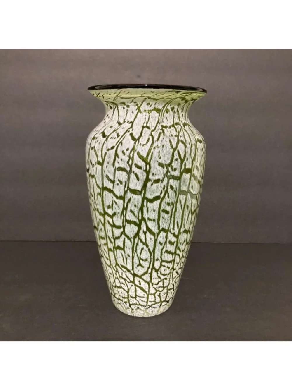 Hand Blown Green With White Crackle Overlay Vase